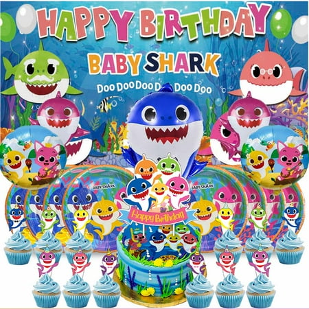 Baby Shark Party Supplies Decor Tableware Backdrop Banner Cake Topper Balloons Birthday Decorations