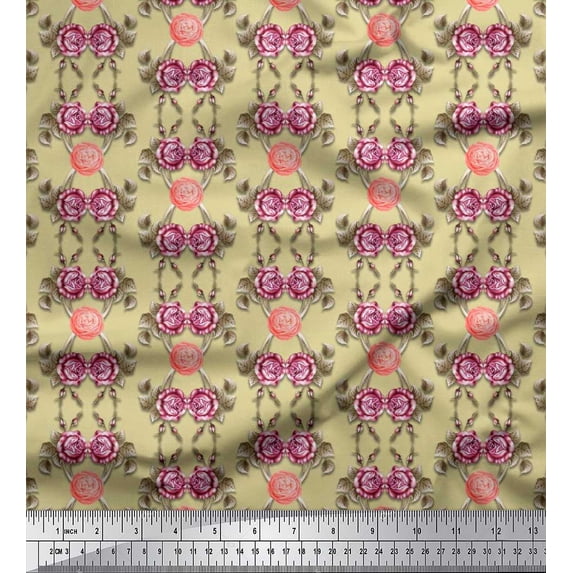Soimoi Moss Georgette Fabric Leaves,Rose & Camellia Floral Print Fabric by The Yard 42 Inch Wide