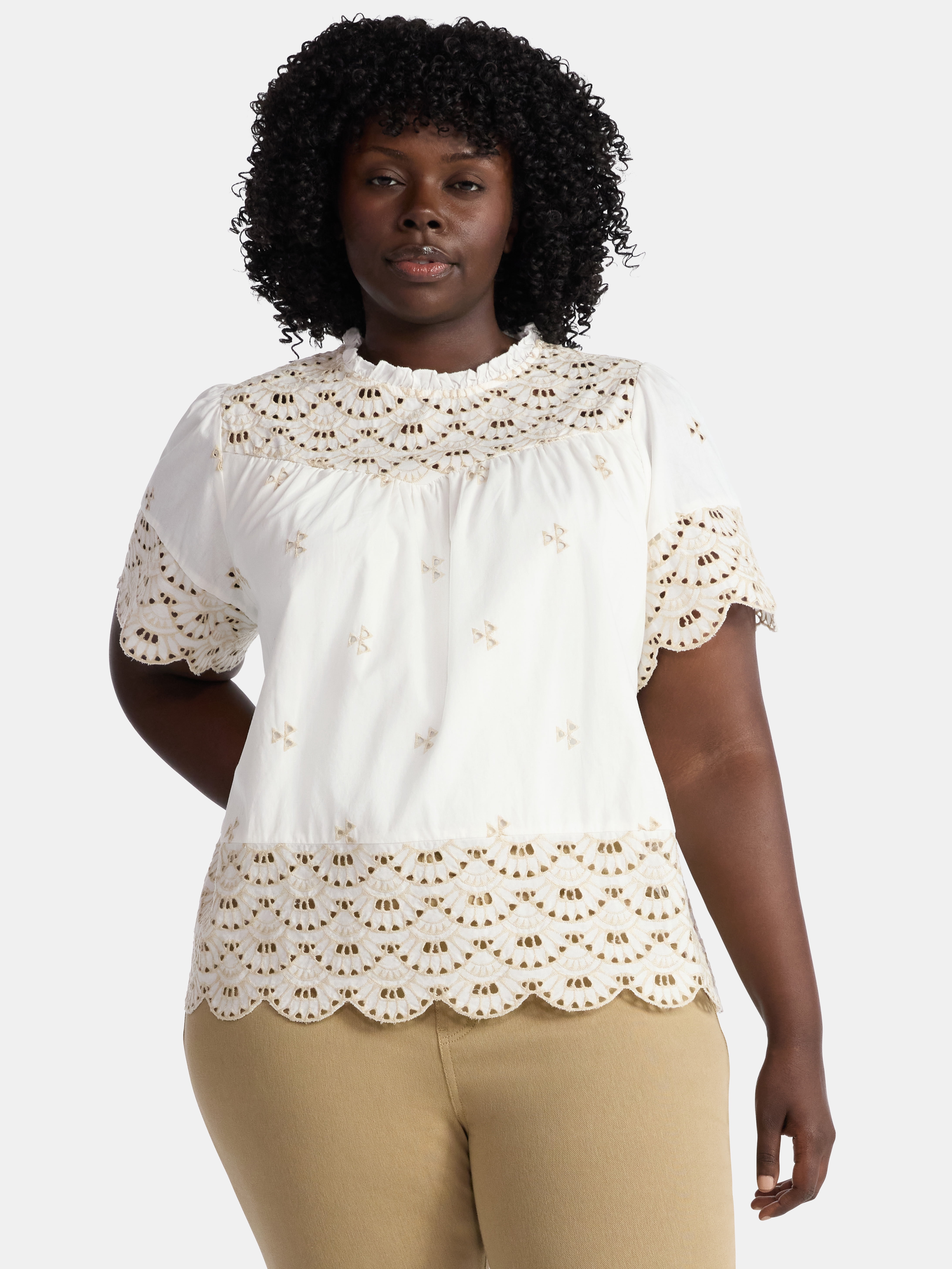 Time and Tru Women's Cotton Eyelet Top with Short Sleeves, Sizes XS-XXXL