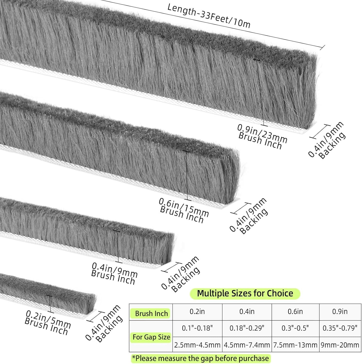Door Brush Seal 33Feet Felt Pile Weather Stripping for Doors Strip Windows Cabinet Self Adhesive Draft Blocker Dust Stopper Sliding Seal Winter Grey 10m
