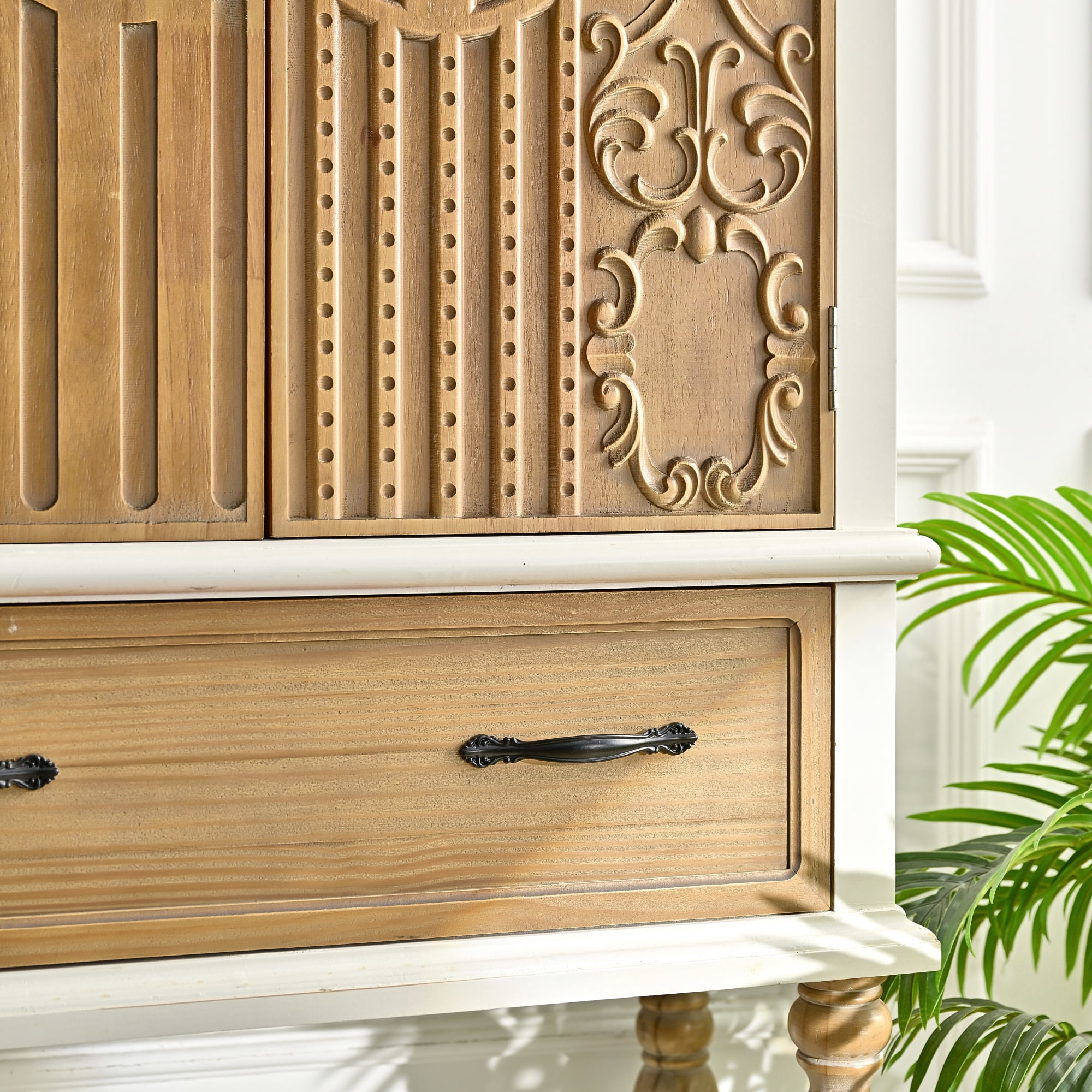 Leumius 31.50" Arched Flower Carved Door Accent Sideboard Cabinet with 1 Drawer and Shelf, Wooden Cabinet for Kitchen, Dining Room, Living Room