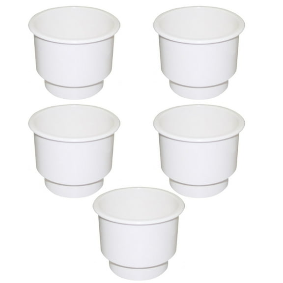 RAParts Five (5) Cup Holders, White Plastic W/ Drain Hole - Fits RVs, Boats, Campers, Outdoor