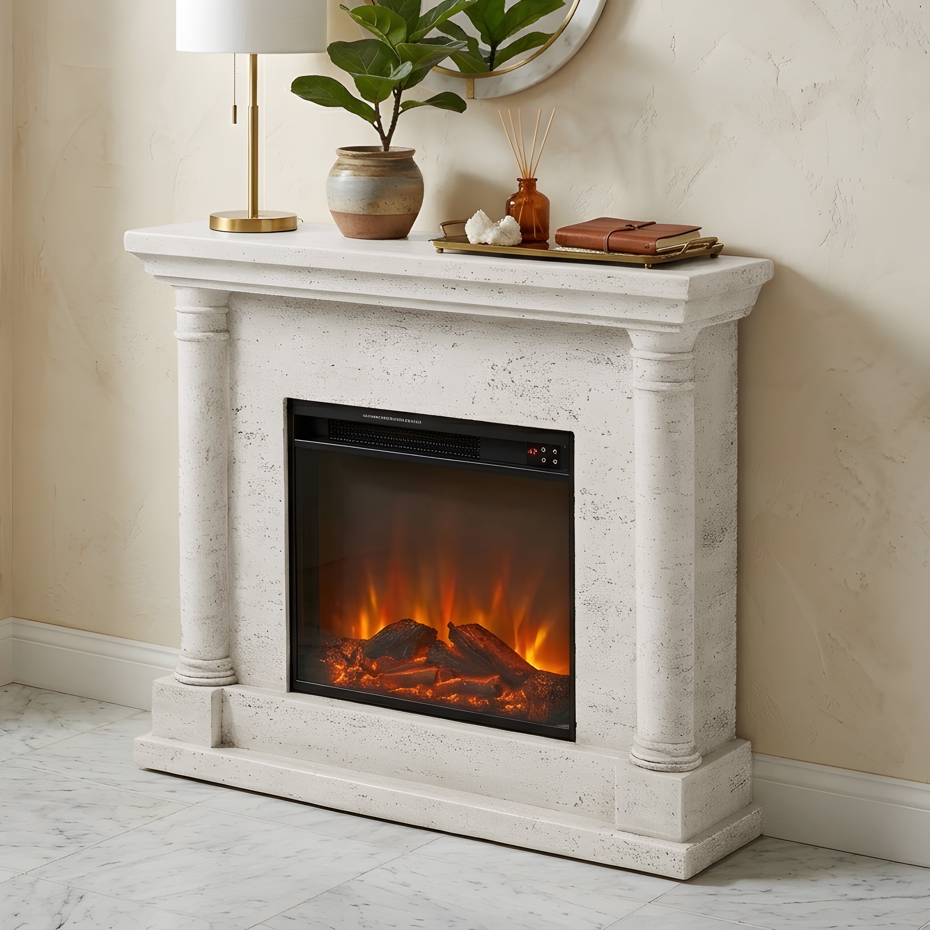 Eco-Friendly MGO Fireplace with 23" Firebox, Adjustable Temperature, Sleek Design, No Installation Required，Ivory Oak Travertine