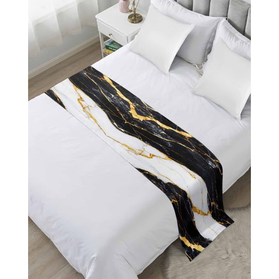 Bed Runner Scarf Cal King Size, Black Marble Stain Bed Runners & Scarves for Foot of Beds, Luxury Gold White Abstract Cracks Artwork Decorative Bedding Runner Scarf for Hotel Home Bedroom