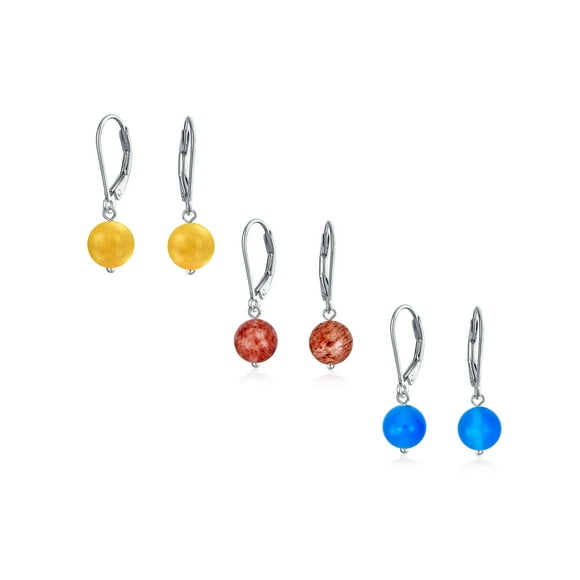 Set of Three Simple Round Bead Soft Yellow Jasper, Blue Agate & Brown Quartz Lever back Ball Drop Earrings for Women .925 Sterling Silver