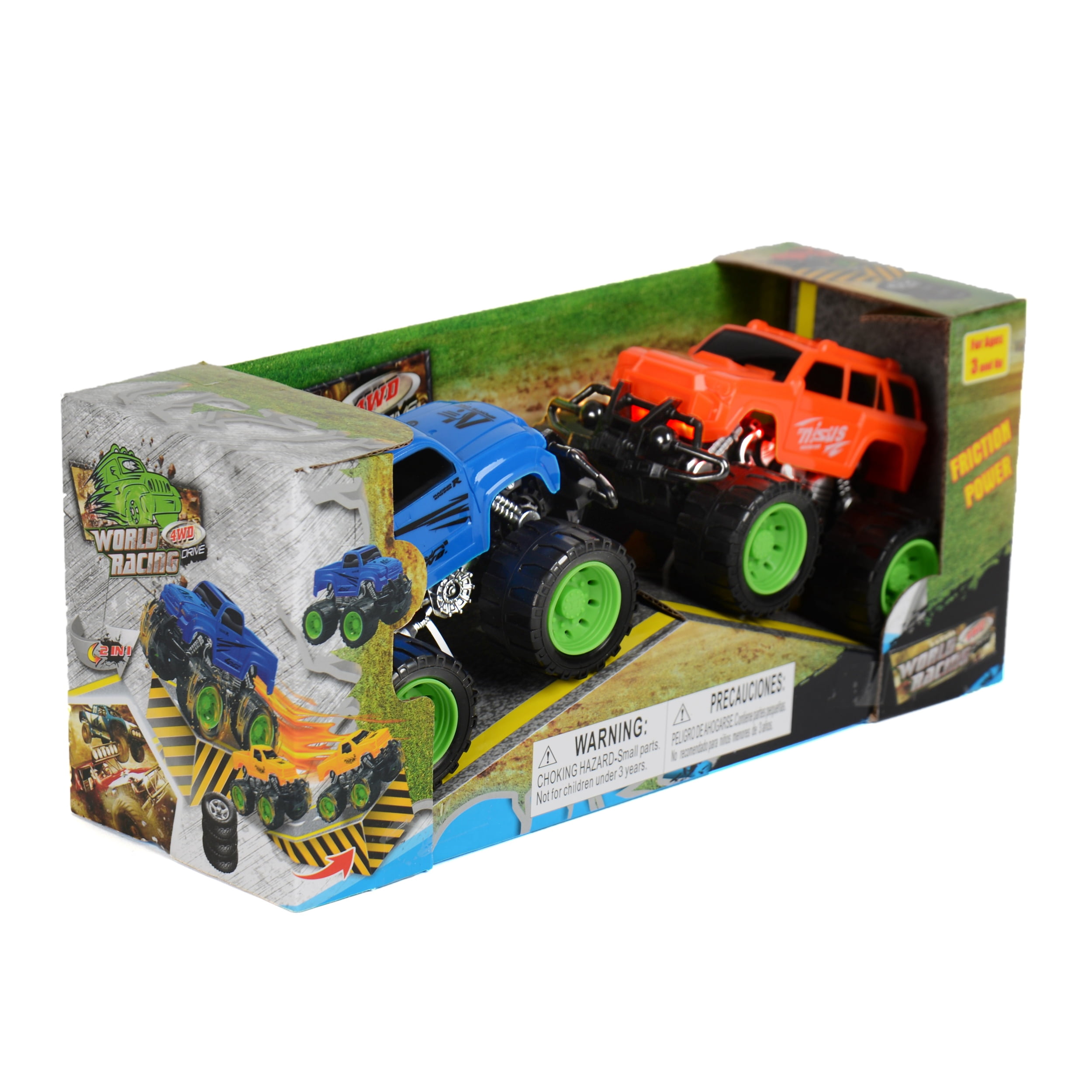 Set of 2 4WD Friction Power Monster Trucks with 360° Backflip Ramp – Push & Go Travel-Size Off-Road Toy Cars for Kids, Indoor & Outdoor Stunt Play