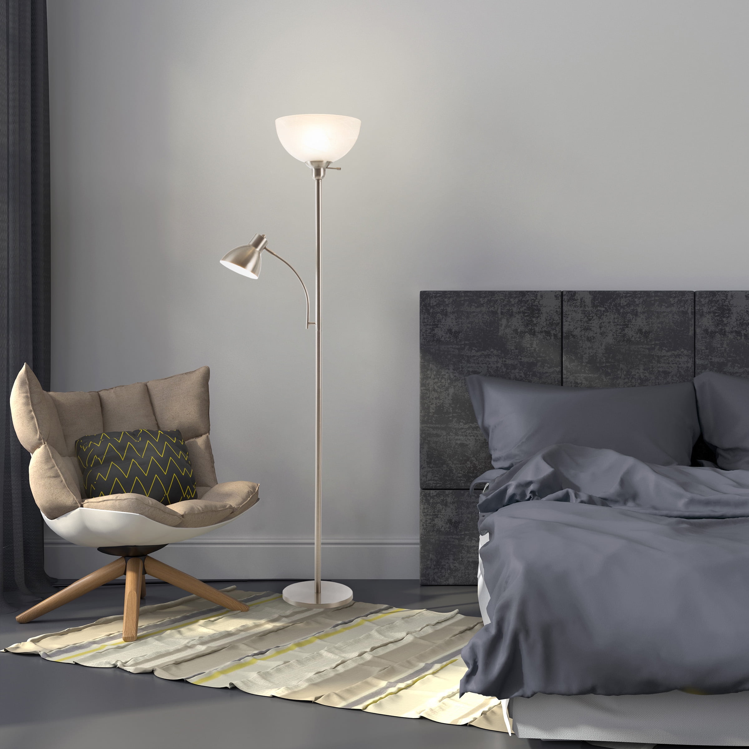 Torchiere Floor Lamp with Reading Light-Sturdy Metal Base, Marbleized White Glass Shade-Energy Saving LED Bulbs Included-by Lavish Home (Satin Nickel)