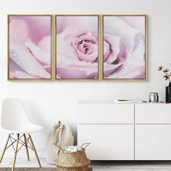 PixonSign Canvas Print Wall Art Set Pink Rose Flower Close-Up & Water Droplets Floral Wilderness Photography Realism Rustic Landscape Colorful Pastel for Living Room, Bedroom, Office - 24"x36"x3