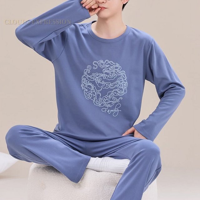 Printemps Automne Plus 5TG Pyjama Tricoté pour Hommes à Carreaux Ensembles de Pyjamas Décontractés Mode Nuit
