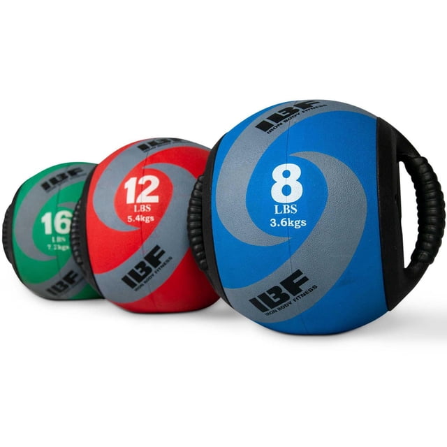 Iron Body Fitness Dual-Grip Medicine Ball, 12 lb Rubber Exercise Ball with Built-In Handles