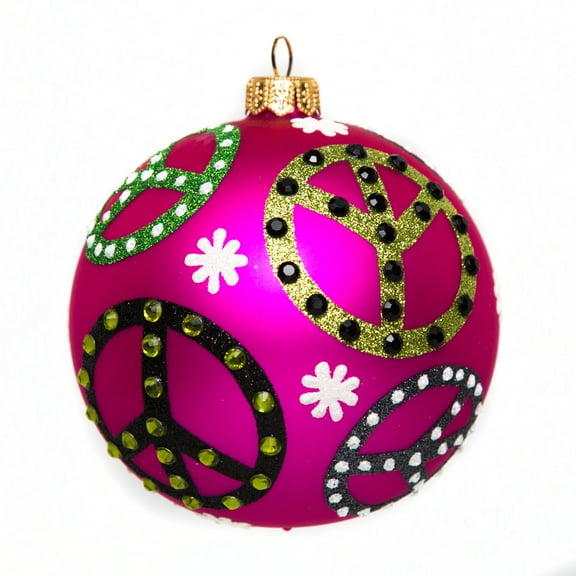 Multi Color Peace Symbols Hot Pink Polish Glass Ball Christmas Tree Ornament New