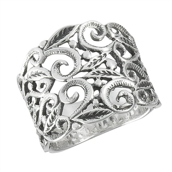 Victorian Filigree Leaf Oxidized Vintage Ring Sterling Silver Band 925 Jewelry Female Male Size 9
