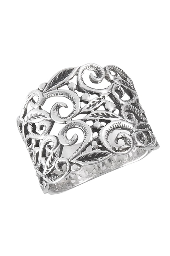 Victorian Filigree Leaf Oxidized Vintage Ring Sterling Silver Band 925 Jewelry Female Male Size 7
