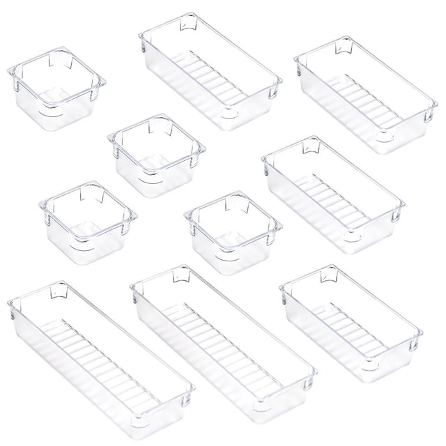 Yatlte Drawer Organizer Set, Bathroom Drawer Organizers, Makeup Trays Vanity Desk Dividers, Versatile Storage Bins Clear Plastic Drawer Organization Container for Dresser, Kitchen, Office