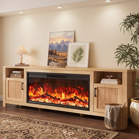 Farmhouse Tv Stand with 38" Electric Fireplace - Fits Tvs Up to 70 Inches, Entertainment Center Media Console Fireplace Mantel with Storage Cabinets for Living Room & Bedroom