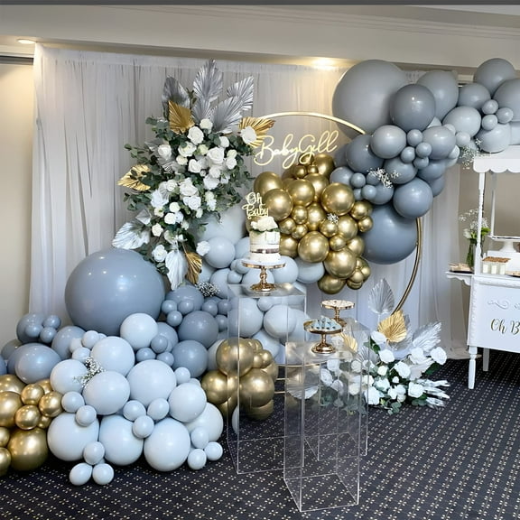 Birthday Balloon Garland Bow Kit, 105Pcs Blue Gold Gray Balloon Bow Kit for Baptism Ceremony, Baby Shower, Party Decoration, Wedding