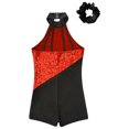 thumbnail image 6 of Doomiva Kids Girls Sleeveless Mock Neck Sequins Latin Jazz Ballet Dance Jumpsuit Biketard Unitard and Hair Scrunchies Red&Black 4, 6 of 6