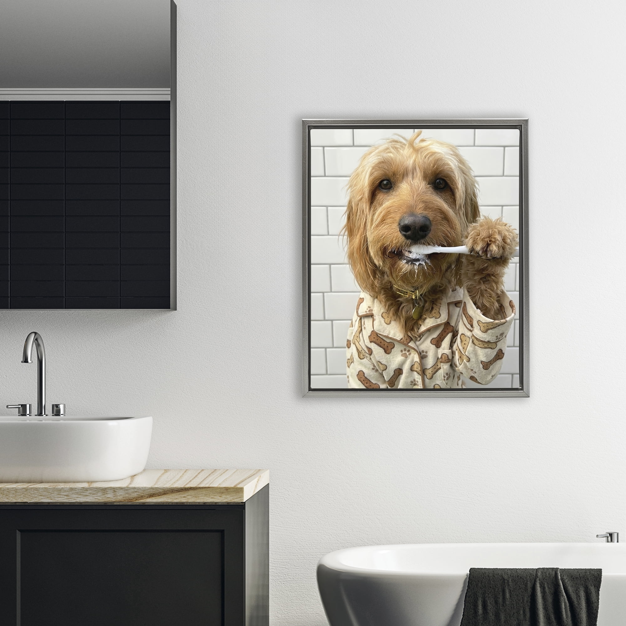Stupell Industries Realistic Dog Brushing Teeth Gray Framed Floater Canvas Wall Art, design by Abigail Walker