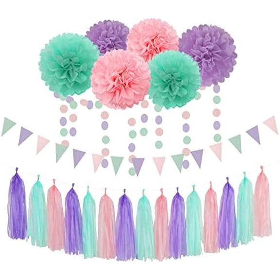 Pink-Purple Mint Mermaid Ocean-Themed Party-Decorations - 23pcs Tissue Pom Poms Streamers,Birthday Tassel Garland Banner,Wedding Engagement Baby Bridal Shower Decor