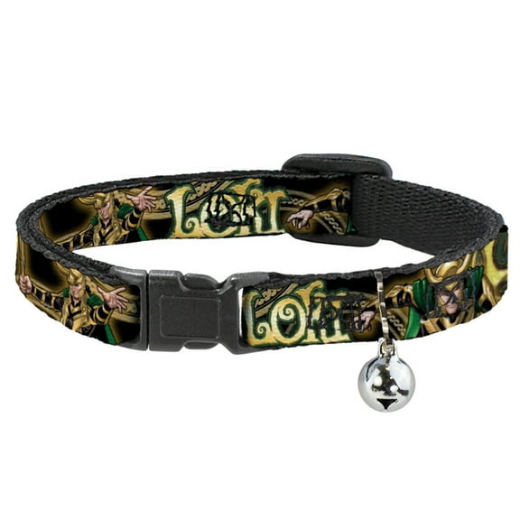 Marvel Comics Breakaway Cat Collar With Bell, Plastic Clip, Easy Adjustable, Loki Poses Black Gold Green, 8.5 to 12 Inches 0.5 Inch Wide