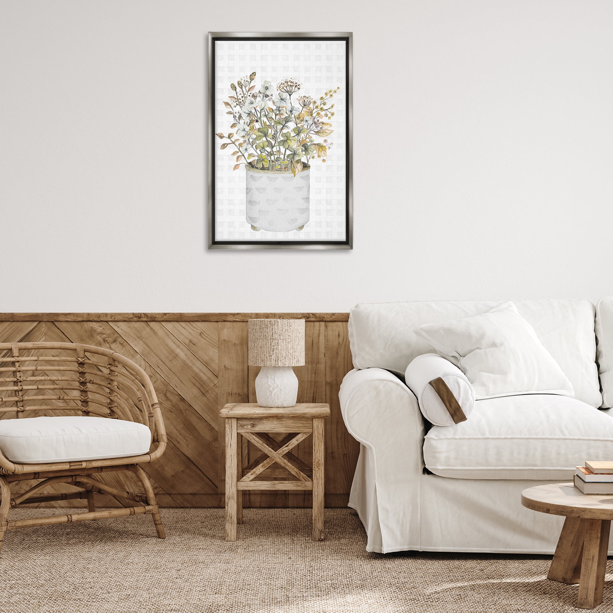 Stupell Industries Neutral Potted Wildflowers Botanical & Floral Painting Gray Floater Framed Canvas Art Print Wall Art, 21 x 31