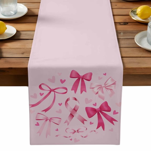 Pink Gradient Bow Table Runner, Ribbon Cute Love Bowknot Pink Background Washable Kitchen Table Runners Dress Scarves for Dining Table Decorations Party, 13x36in
