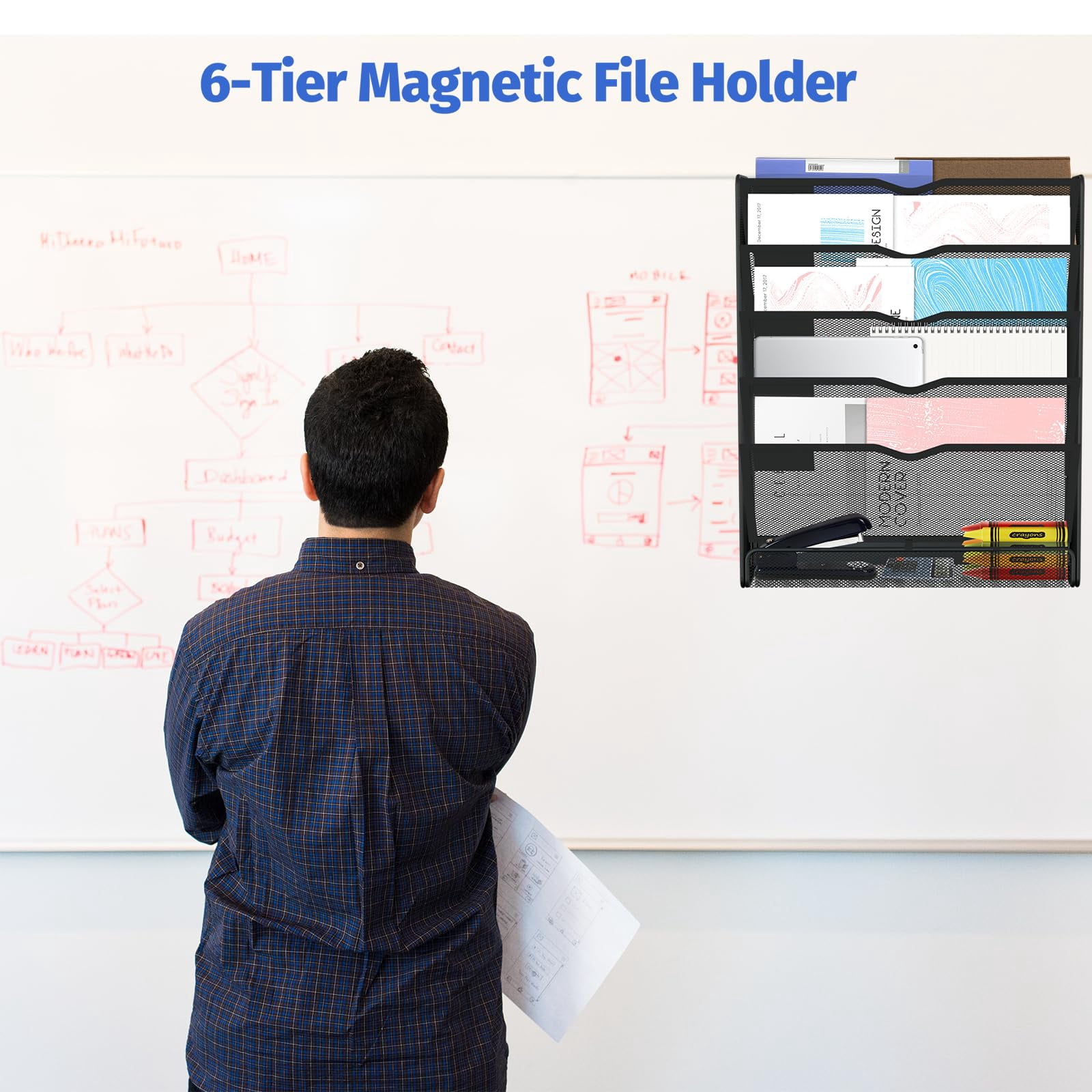 6-Tier Magnetic File Holder, Large Capacity File Cabinet Organizer, No-Drill Mount Hanging Magnetic Paper Holder for File Cabinets, Office, Whiteboard, Magnetic Mail Holder