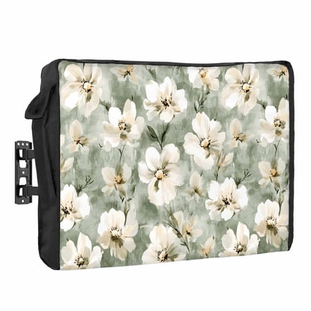 Vintage Magnolia Outdoor TV Cover 70 to 75 inch Weatherproof Waterproof, White Blooming Flower Oil Painting Style TV Enclosures with Remote Control Pocket Flat Screen Protector for Outside