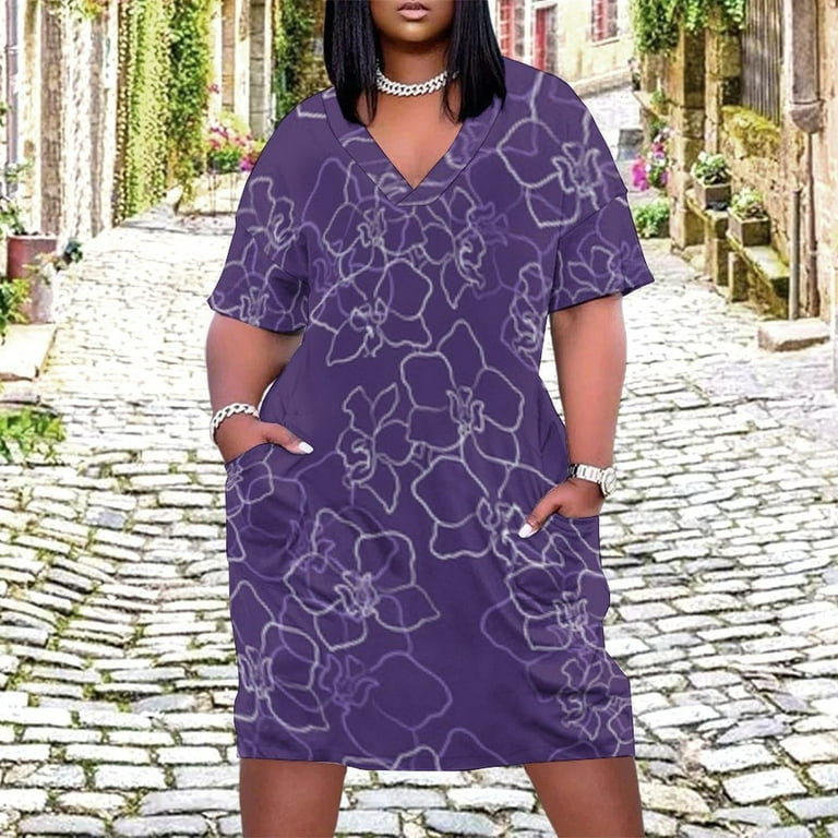 Purple Background White Orchid Pattern Summer Sundress for Curve Women Casual Pattern Plus Size V Neck Short Sleeve Loose Fit Oversize Dresses - Walmart.com Purple Background White Orchid Pattern Summer Sundress for Curve Women Casual Pattern Plus Size V Neck Short Sleeve Loose Fit Oversize Dresses - Walmart.com