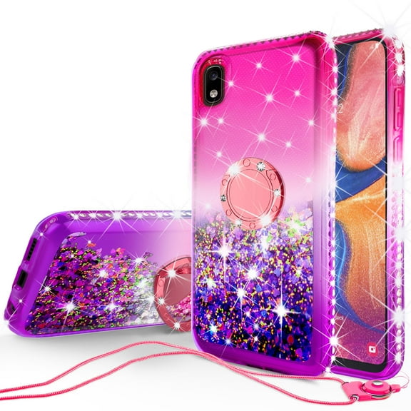 SOGA Cover Compatible for Samsung Galaxy A10e Case, Liquid Floating Quicksand Case with Diamond Ring Stand for Magnetic Car Mount - Purple on Pink