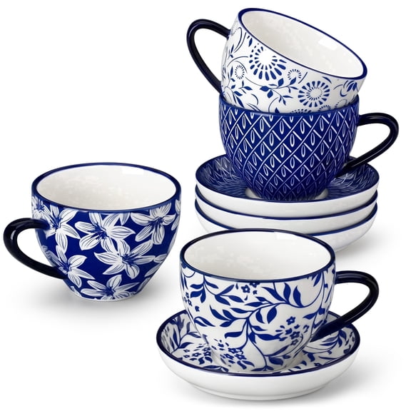 MALACASA 8 oz Coffee Mugs Set with Saucers , Ceramic Cappuccino Cups Set of 4, Latte Mugs with Beautiful Glaze for Tea, Espresso, Latte, Dishwasher Safe