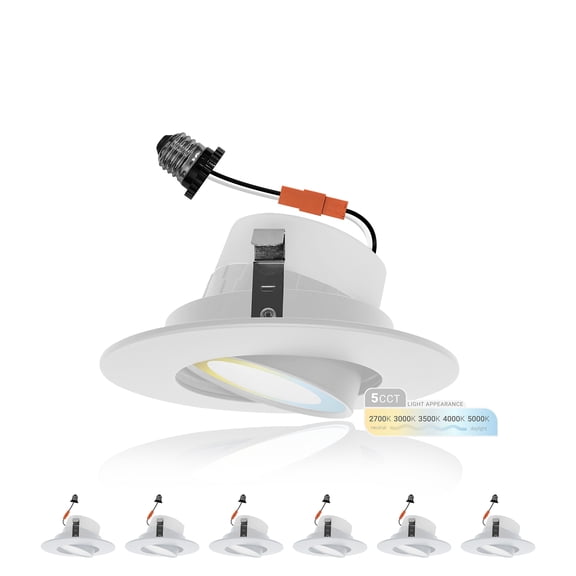 NuWatt 4" LED Gimbal Retrofit Recessed Light, 5CCT Selectable Adjustable Eyeball Lens, E26 Base 6PK