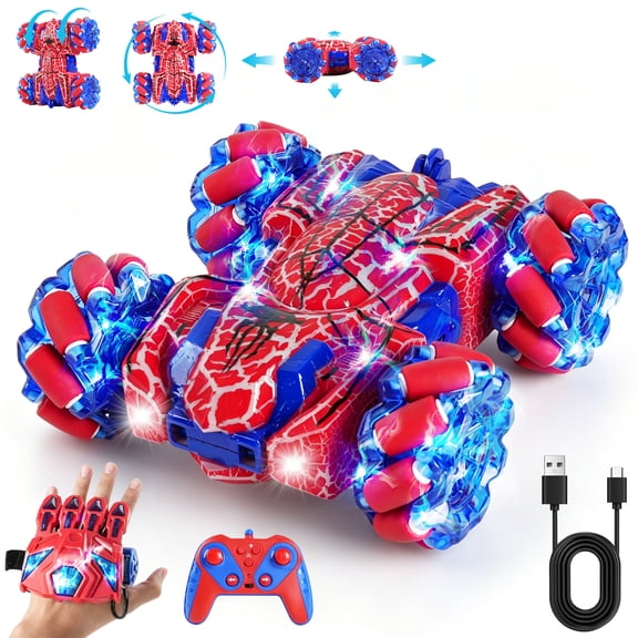 JUGAAD LIFE Remote Control Cars, RC Car Toys for Boys 5 6 7 8 9 10 Years Old Boys Girls, Gesture Sensing RC Stunt Car, Double Sided Race Car with Lights, Birthday Gift for Kids - Red