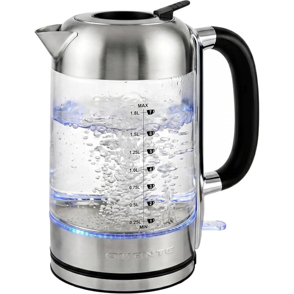 OVENTE 1.8L Glass Electric Kettle Water Boiler, Silver KG71S | 1500W Fast Boiling, Easy Fill Lid, Borosilicate Glass, BPA-Free, Blue LED, Auto Shut-Off, Boil-Dry Protection, Cordless