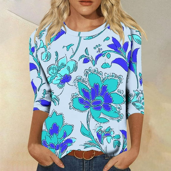 SOOMLON Womens 3/4 Sleeve Shirts Plus Size Tunic Cotton Tops Dressy Casual Round Neck Shirts Cute Flowers Graphic T Shirts 2025 Trendy Spring Summer Ladies Tops Loose Fit Outfits Pullover Blue XL