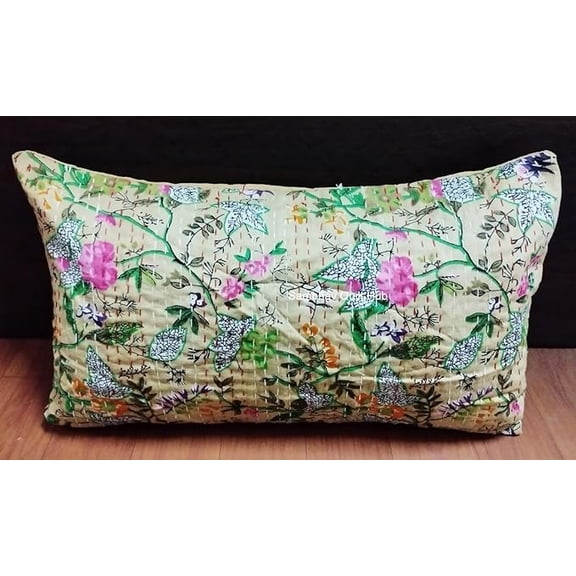 Handmade Animal Floral Print Quilting Kantha Home Decor Boho Throw Ethnic Art Cushion Cover for Sofa,Couch, Bedroom, Car Decorative Throw Cushion Cover2 pcs set