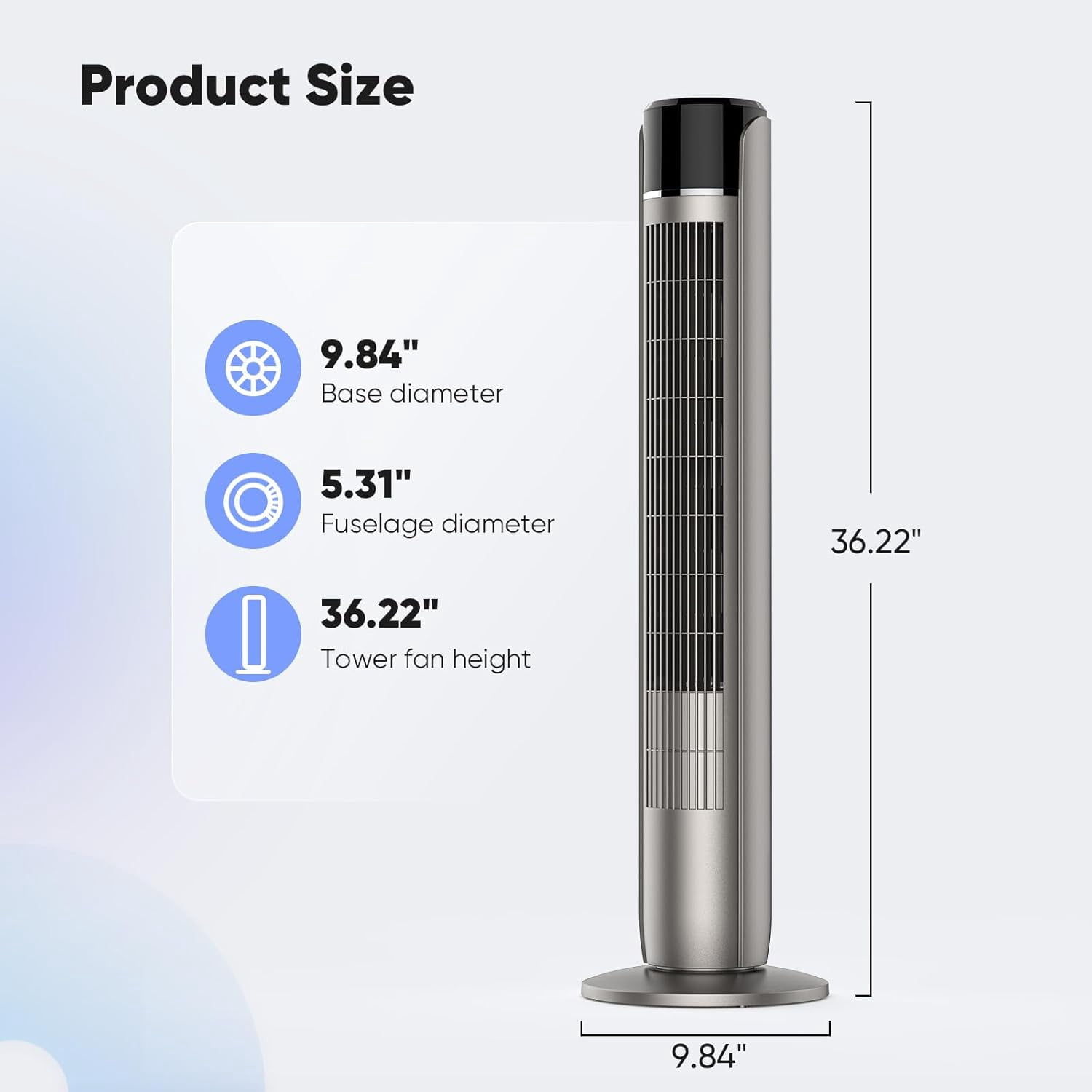 36" Bladeless Tower Fan - Ultra-Quiet 28dB for Bedroom Sleep 25 ft/s High Velocity Cooling w/ Remote 60° Wide Oscillation, 12H Timer, 5 Speeds, 4 Modes LED Display Standing Floor Fan - Grey