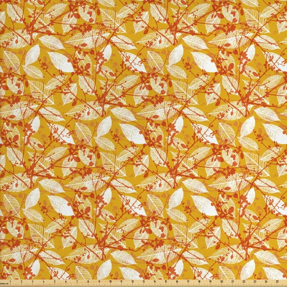 Autumn Fabric by the Yard, Fall Season Foliage Pattern with Warm Colored Background Leaf Silhouettes, Decorative Upholstery Fabric for Chairs & Home Accents, Marigold Orange White by Ambesonne