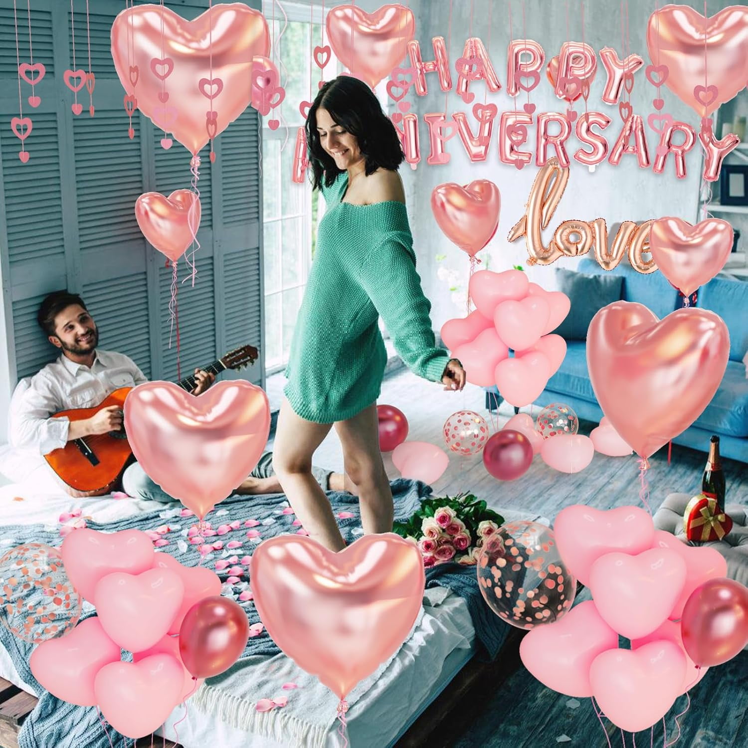NestE - Anniversary Decorations, Happy Anniversary Balloons Banner, Pink Heart Balloons Heart Hanging String Pink Rose Petals for Wedding and Valentines Day Romantic