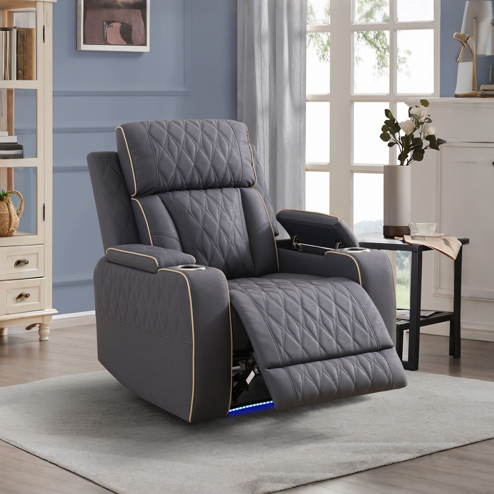 MAYEERTY Single Recliner Chair, Leather Recliner with LED Lights, USB Charger, Cup Holder, for Living Room, Home Theater