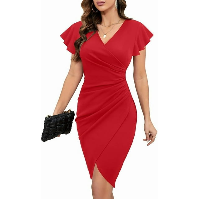 Owin Women's Summer Sexy V Neck Ruffle Sleeve Faux Wrap Ruched Sheath Bodycon Cocktail Party Work Dress