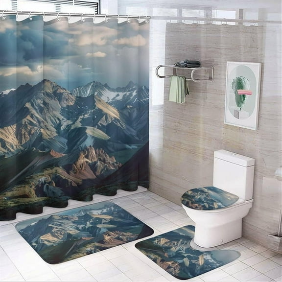4Pcs Country Park Shower Curtain Set with Rugs, Toilet Lid Cover and Bath Mat, National Snow Mountain Jungle Lake Stream Bathroom Curtains Decor Shower Curtains, 72" x 72"