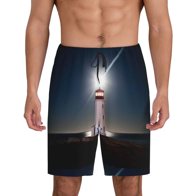 Balery Peggy's Cove Lighthouse Pantalones cortos de pijama de punto de algodón para hombre con cinturilla y bolsillos-Small