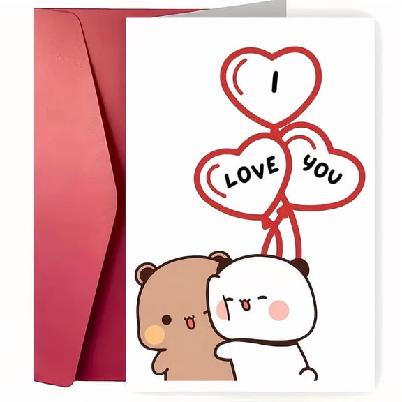 Cute Love Card with Bear Characters – "I Love You" Heart Balloons – Perfect Greeting Card for Anniversary, Valentine's Day, or Just Because – Includes Envelope