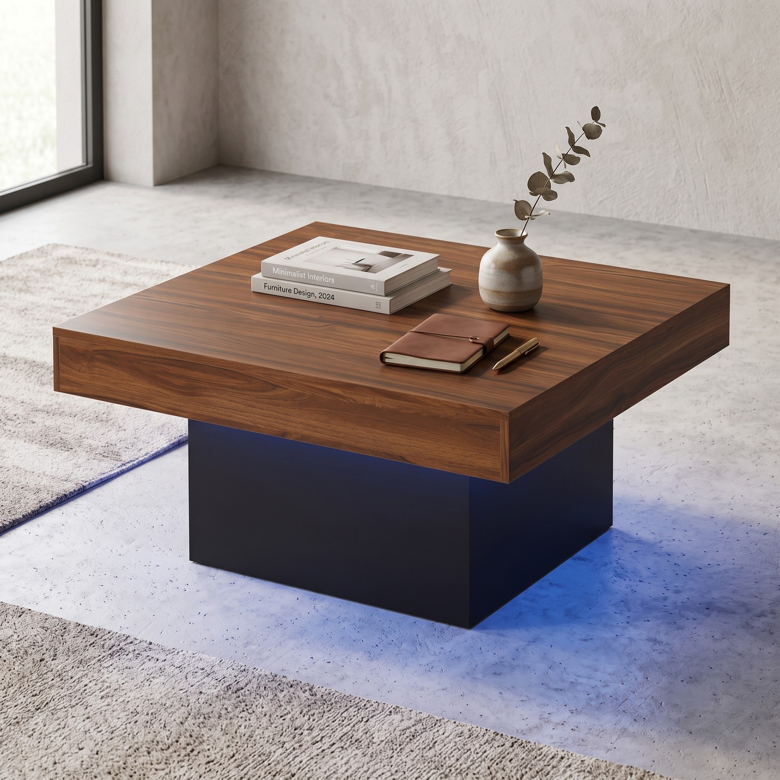 Furnibear LED Coffee Table Square Accent Table with RGB Lights and 21 Dynamic Modes, Remote Control, Engineered Wood Center Table for Living Room, Rustic Brown & Black