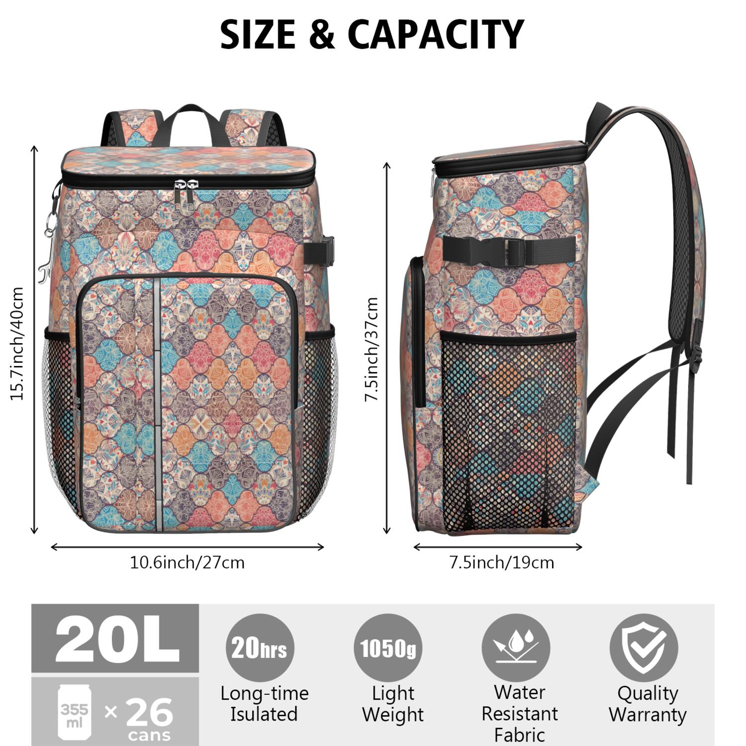 Travel Cooler Bag - Boho Bohemia Flower Camping Beer Cooler Backpack with Bottle Opener- Waterproof Insulated Picnic Backpacks - Cooler Bag for Beach