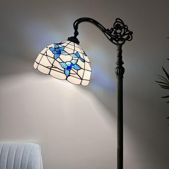 Tiffany Floor Lamp White Stained Glass Blue Flowers LED Bulb Included Gooseneck Adjustable Corner Standing Reading Light 20"W*12"D*63"H