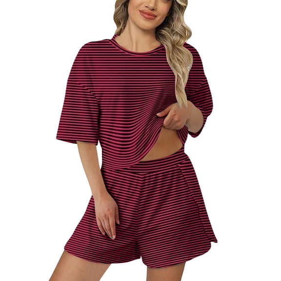 CAIVO Women Soft And Breathable Pajama Comfortable Sleepwear With Stylish Striped Design Loose Fit Shorts Two Piece Tops With Bottoms Relaxed Fit Homewear