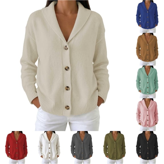 Trendfront Womens Solid Color Cardigan Shawl Collar Long Sleeve Button Front Ribbed Knit Casual Sweater Jacket With Pockets