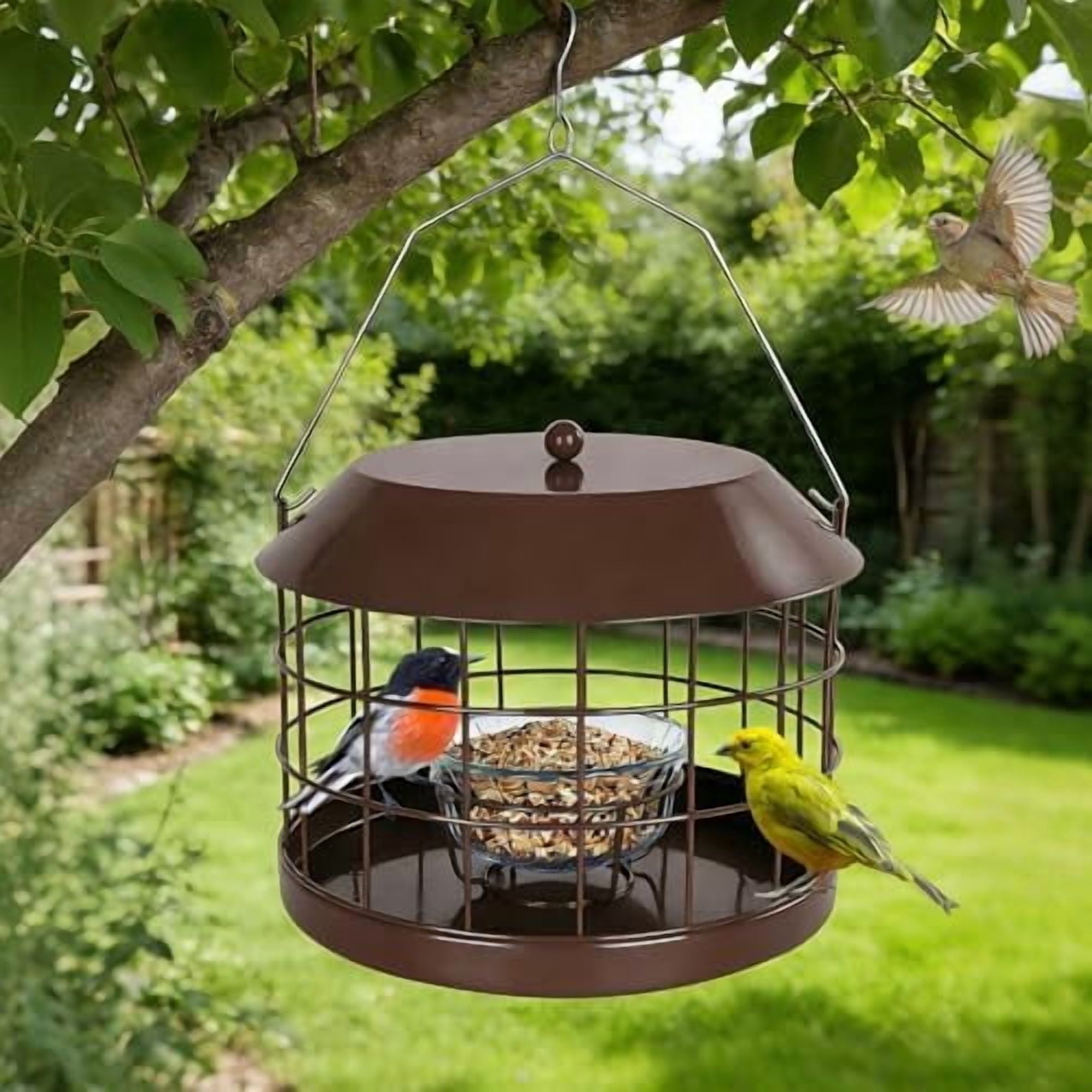 Caged Bluebird Feeder for Mealworms with Glass Bowl, Squirrel Proof Bird Feeder for Small Birds Only, Detachable Hook, Large Space, Outdoors Weatherproof, Metal, Brown